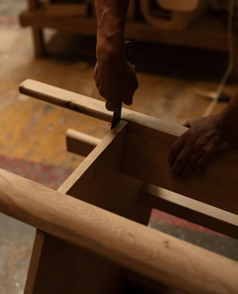 Artisan ajustant un assemblage en chêne au ciseau à bois