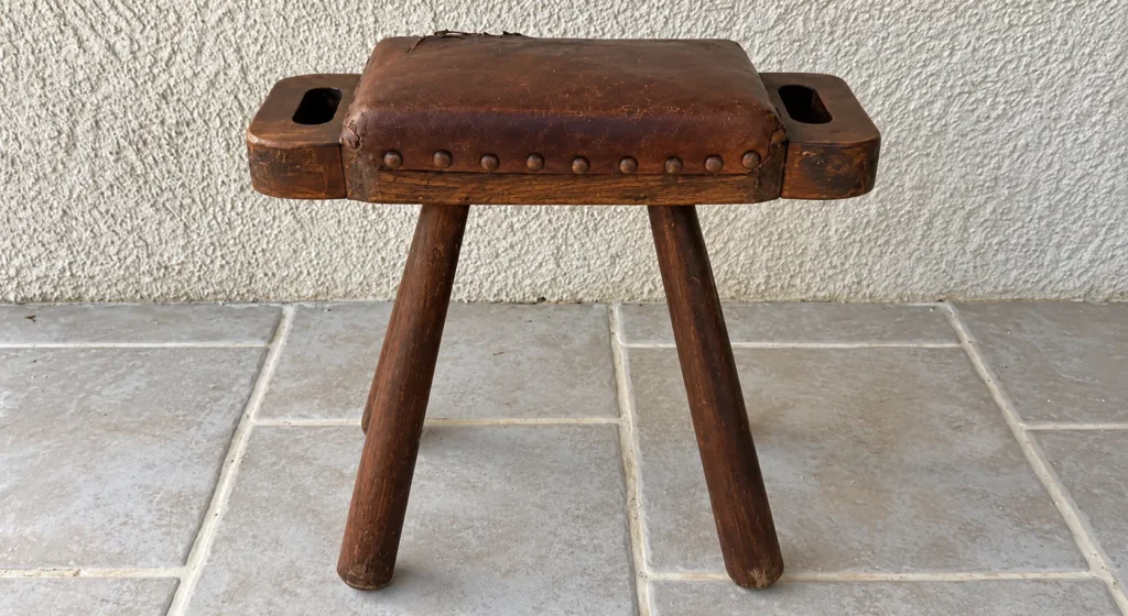 Tabouret de ferme en bois avant réfection, assise en cuir déchirée