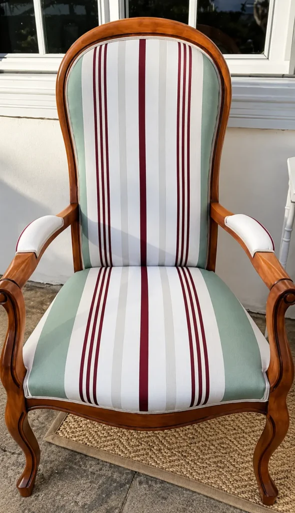 Fauteuil Voltaire après réfection, nouveau tissu rayé vert d'eau, blanc et bordeaux